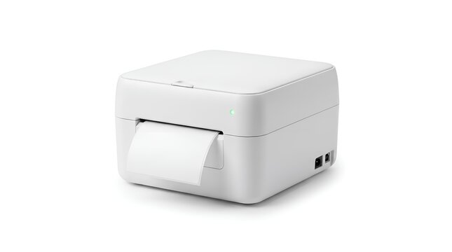 Compact white thermal label printer for business shipping and logistics.