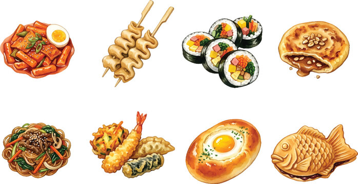 Vector Illustration Isolated watercolor Korean street food clipart bundle on white background for restaurant menu design