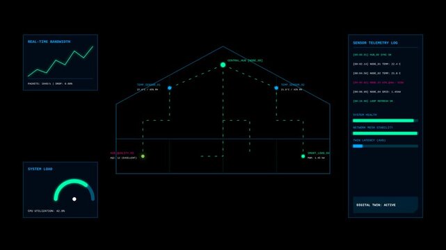 Futuristic Digital Twin Network Dashboard Showing Sensor Data Telemetry and System Network Status
