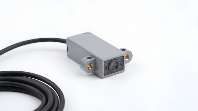 Industrial electronic proximity sensor with black cable on white background.