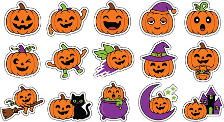 Fototapeta premium Halloween pumpkin characters with various fun and spooky expressions stickers