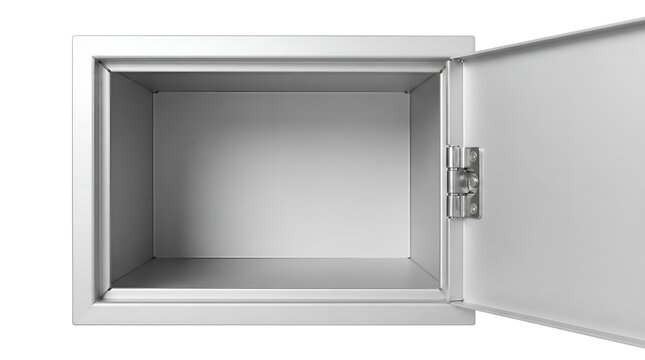 Open empty wall safe box on white background.