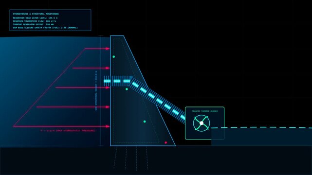 Hydroelectric Dam Structural Monitoring Infographic Showing Energy Generation Data and Mechanism