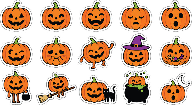 Halloween pumpkins with funny faces and witch accessories clip art collection