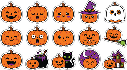 Fototapeta premium Halloween themed cartoon clipart with pumpkins ghosts and witches for creative projects