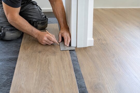 Installer Marking a Floor Plank Beside a Door Jamb