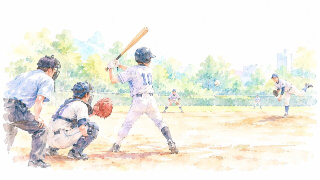 夏の青空の下で野球の試合を楽しむ選手たちの水彩イラスト
