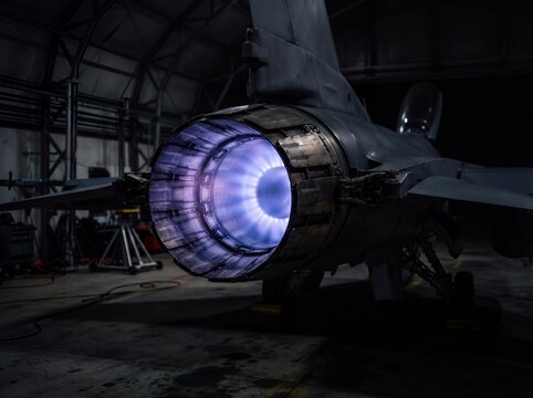 Jet Fighter Engine Afterburner Nozzle with Blue Plasma Flame
