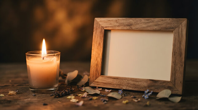 Lit candle and picture frame