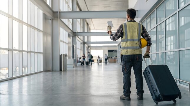 Construction worker wearing hi vis vest and safety helmet walking with luggage in airport terminal, high visibility vest