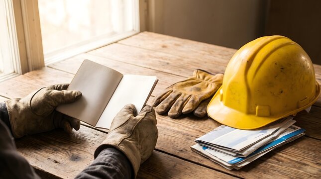 Construction worker checking plans with hard hat and gloves on wooden table work gloves job site safety gear