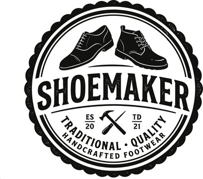 Vintage shoemaker circular emblem badge design featuring leather formal shoes boot crossed hammer cobbler craft tools (16 words)