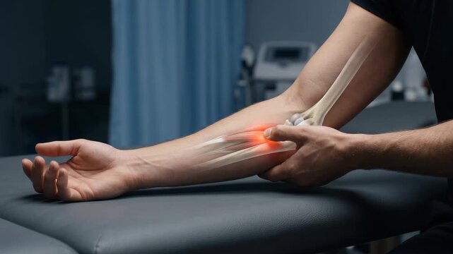 Physiotherapist treating elbow joint pain with medical overlay animation