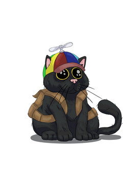 Whimsical adventurer cat character with propeller hat and utility vest