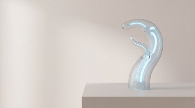 3D soft robotics and flexible biomimetic gripper concept, translucent elastomeric robotic arm with glowing pneumatic pressure nodes on clean background with copy space
