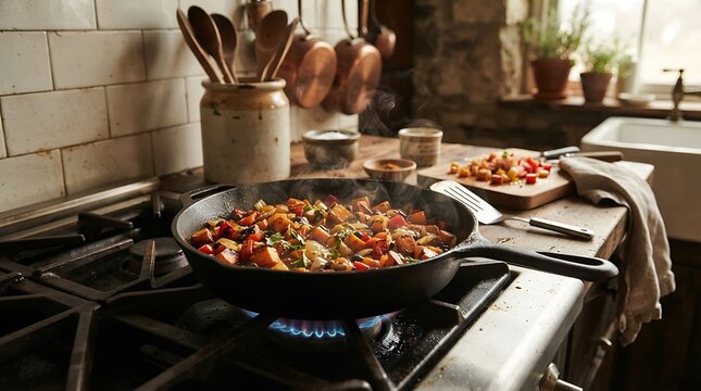 Cooking Healthy Vegetables in Cast Iron Skillet on Gas Stove