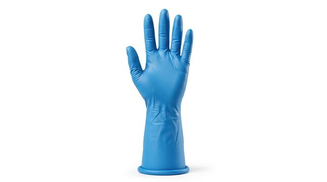 Blue nitrile medical glove, protective rubber hand wear for healthcare and laboratory use, disposable latex-free safety equipment on white background