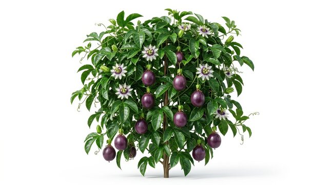 Passion fruit bush with purple fruits and white flowers, realistic botanical illustration of passiflora plant, tropical fruit tree on white background
