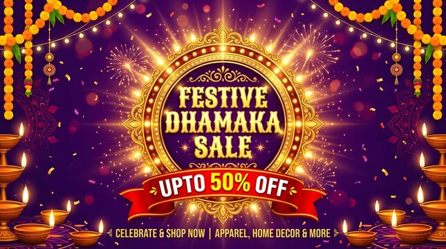 Festive dhamaka sale banner with diwali lamps and fireworks