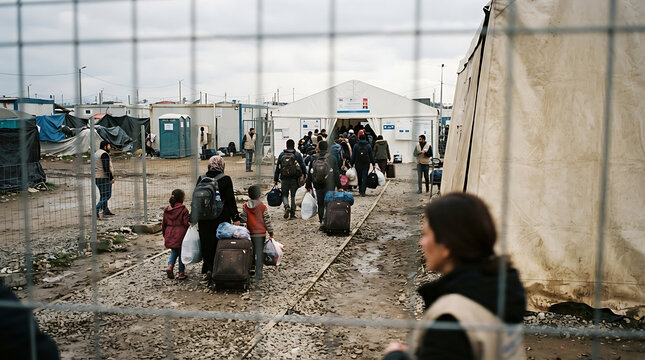 Displaced people and children carrying belongings through a makeshift refugee camp behind a wire fence