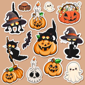 Cute Halloween Stickers Collection - Set if 12 - with Black Cats, Jack-o'-Lantern Pumpkins, skull, spider and Ghosts.

