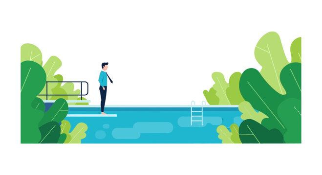 Businessman on Diving Board Vector Illustration: Concept of Risk and Career Leap