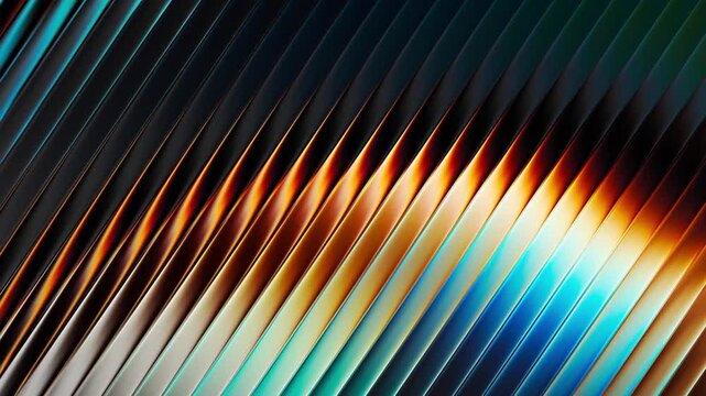 Abstract Fluted Glass Wave Seamless Loop Video, Glowing Copper Blue Light Refraction, Cybernetic Ribbed Glass Texture Motion Graphics &ndash; Parallel diagonal reeded glass lines catching warm golden orange