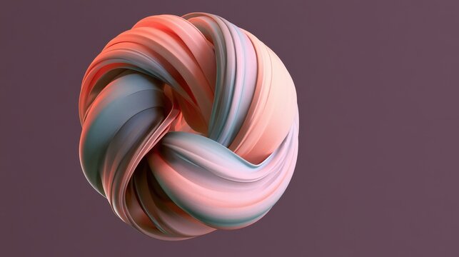 Abstract 3D twisted sphere sculpture with soft pink and blue pastel ribbons against a purple background. Perfect for modern art design projects and digital wallpapers.
