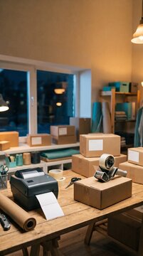 Workspace with packaging equipment and supplies in a cozy home office environment