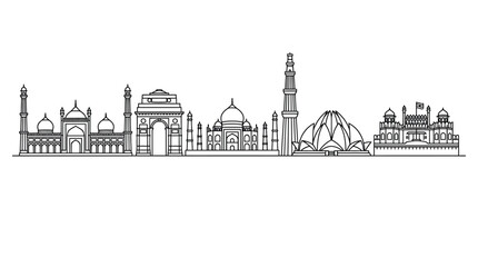 Obraz premium Detailed line art illustration of famous historical Indian landmarks featuring intricate architecture and sharp silhouettes