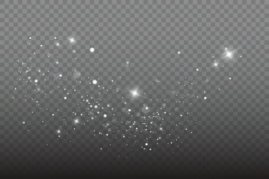 White png dust light. Bokeh light lights effect background. Christmas background of shining dust Christmas glowing light bokeh confetti and spark overlay texture for your design.