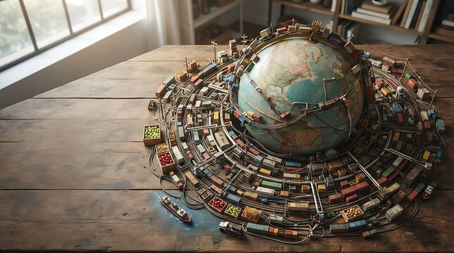 Global Logistics and International Supply Chain Network Surrounding a Desktop Globe