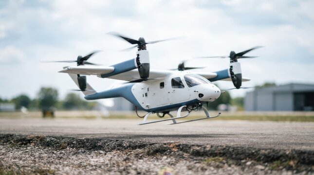 Compact vtol aircraft prototype lifting from runway edge with angled rotors, white fuselage, and blurred sky backdrop.