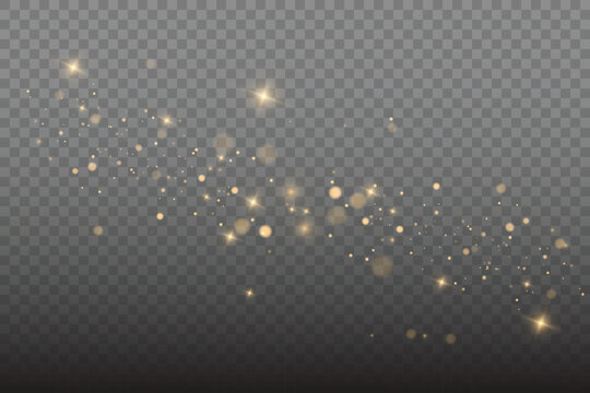 Vector flying particles of light png. Magical light dust, dusty shine. Christmas light effect. Sparkling particles of fairy dust glow in transparent background. Vector illustration on png