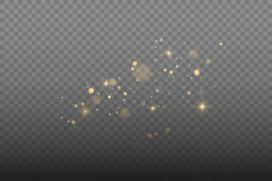Golden glitter dust and shining stardust overlay set. Realistic magical glowing sparks, Christmas light particles and bright luxury bokeh effects on transparent png background.