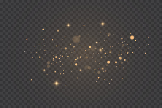 Golden glitter dust and shining stardust overlay set. Realistic magical glowing sparks, Christmas light particles and bright luxury bokeh effects on transparent png background.