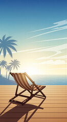 Obraz premium Wooden deck chair on seaside terrace overlooking sunset ocean with silhouetted palm trees