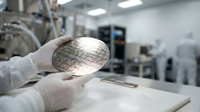 Technician holding silicon wafer with integrated circuits in semiconductor manufacturing cleanroom
