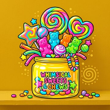 Whimsical candy jar bursting with colorful lollipops and sweets illustration