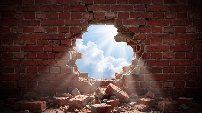 Light shining through a broken brick wall with destruction sunlight
