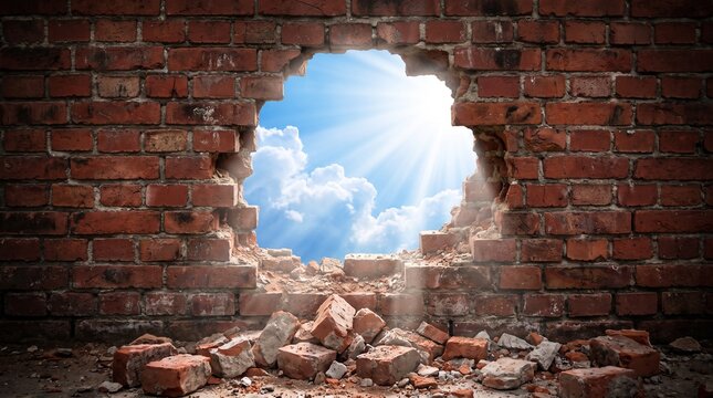 Sunlight shines through broken brick wall with clouds