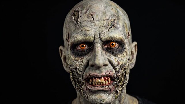 Close-up portrait of a terrifying bald zombie with decayed skin, glowing orange eyes and gruesome horror makeup isolated against a dark black background.