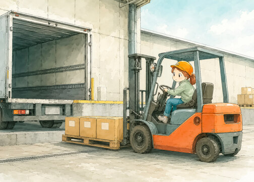 Female forklift operator loading palletized boxes onto a delivery truck
