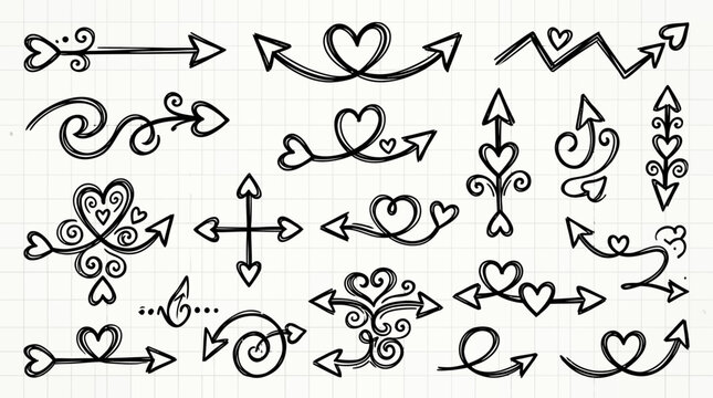 A collection of hand-drawn doodle arrows with heart shapes and decorative swirls on a grid paper background, perfect for design elements.