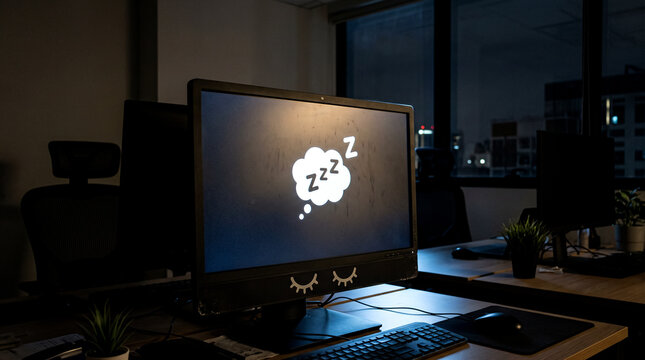 Computer monitor sleeping with Zzz screensaver surreal burnout stock