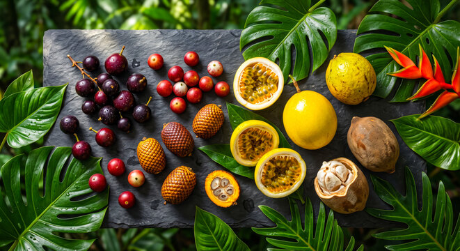 Colorful Amazonian Wild Fruits Surrounded by Lush Rainforest Leaves
