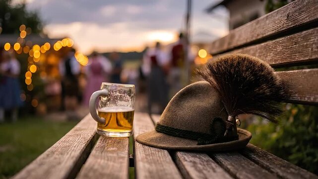 Traditional Bavarian beer mug and feathered hat on a wooden bench at outdoor festival