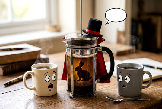 French press doing magic with coffee rabbit surreal morning stock