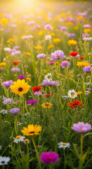 Fototapeta premium Colorful wildflower field blooming under warm golden sunlight in summer meadow