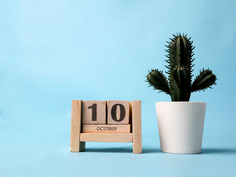 A wooden block calendar for October 10th with a plastic cactus plant on the side on a light blue background.